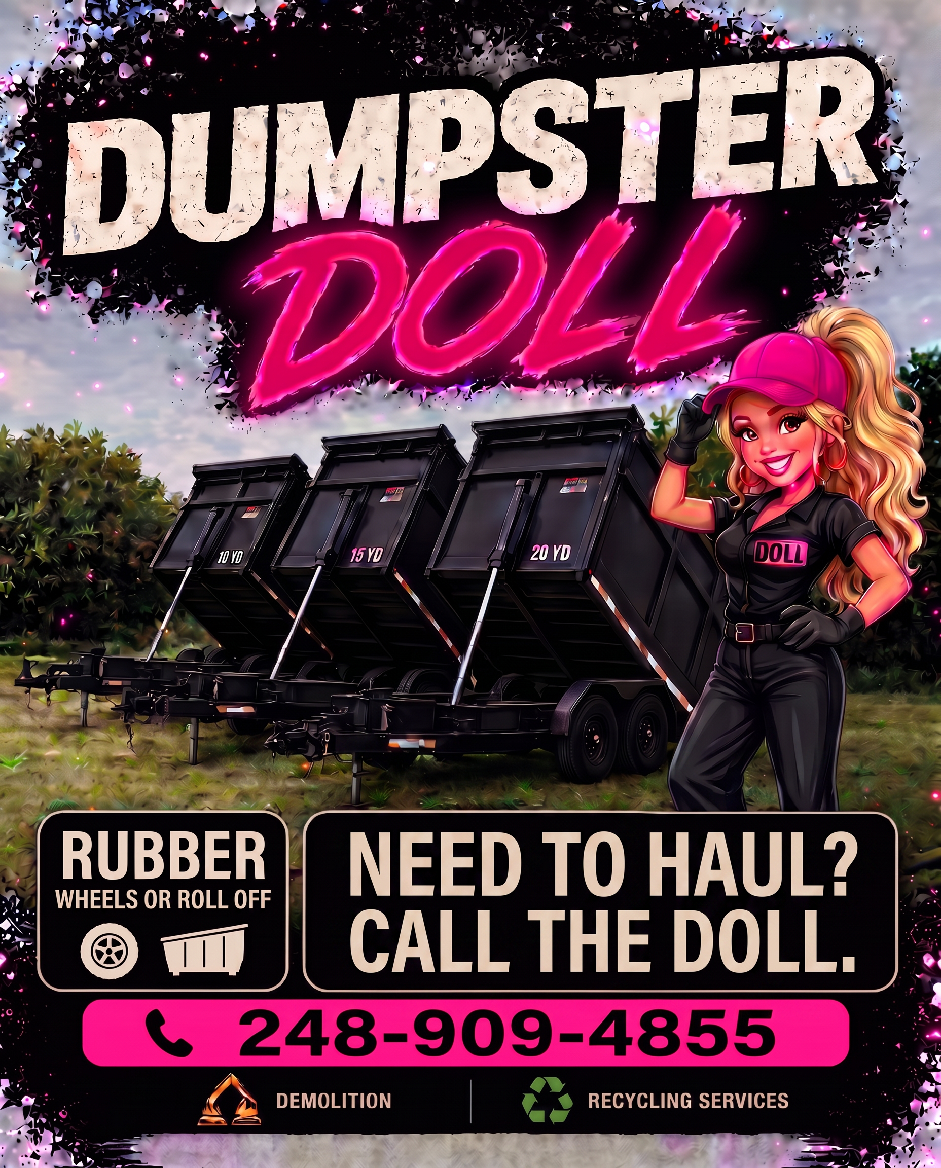 Dumpster Doll flyer — rubber wheel and roll-off dumpster rental in Metro Detroit, 2,000–4,000 lbs included